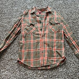 Green and Orange Button-Up Flannel Shirt